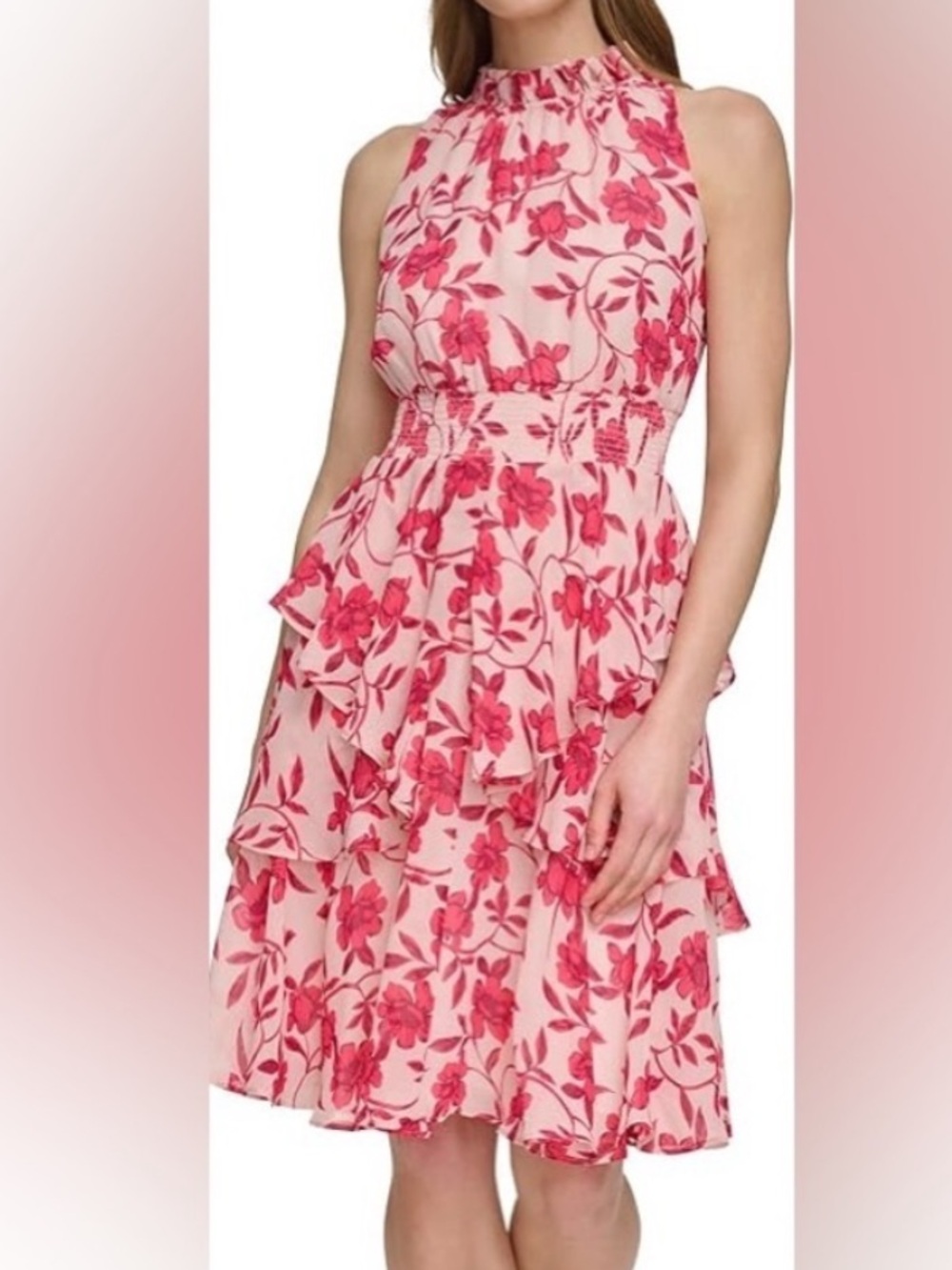 Eliza J Pink Floral Tiered Midi Dress